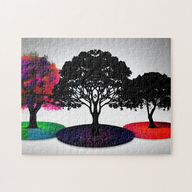 Puzzle Cercles colorés sous silhouettes d'arbre complexes (Horizontal)