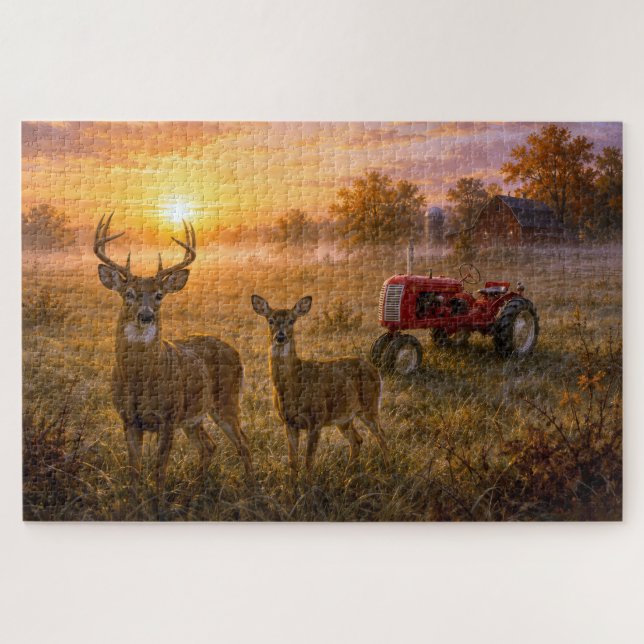 Puzzle Cerf à queue blanche avec tracteur agricole rouge  (Horizontal)