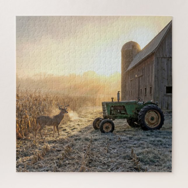 Puzzle Cerf avec tracteur agricole vert (Vertical)