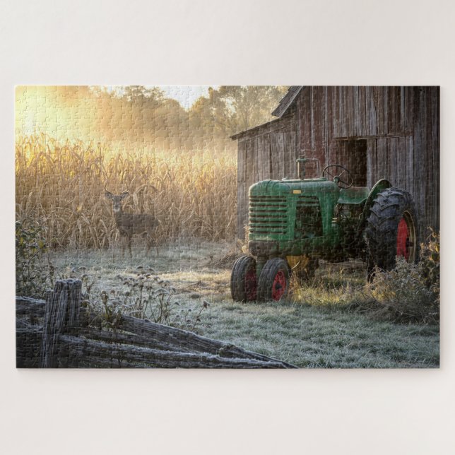Puzzle Cerf avec tracteur vert vintage et grange (Horizontal)