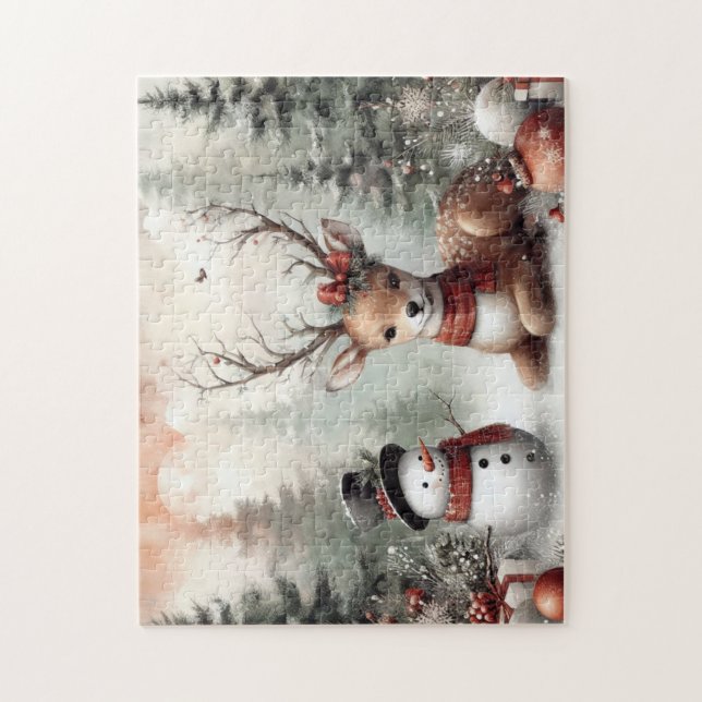 Puzzle Cerf de Noël/bonhomme de neige en bois classique (Vertical)