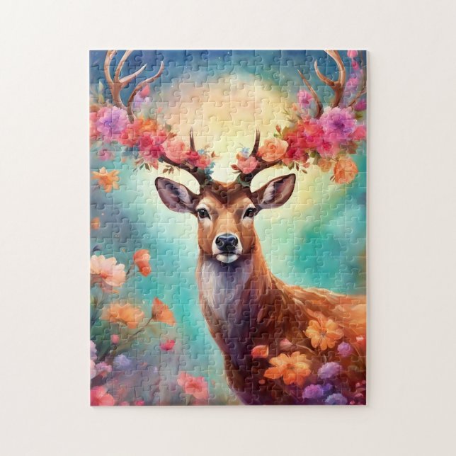 Puzzle Cerf Enchanté Avec Fleurs (Vertical)