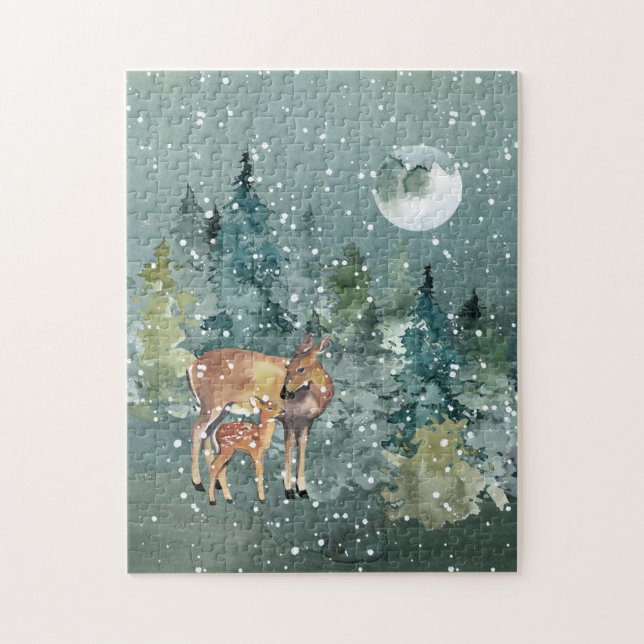 Puzzle Cerf et Faon Forêt Pleine Lune Chute de Neige (Vertical)