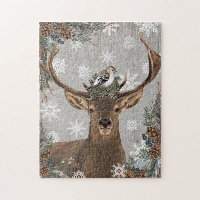 Puzzle cerfs communs rustiques vintages modernes d'hiver (Vertical)