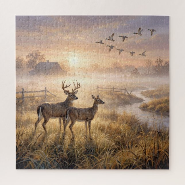 Puzzle Cerfs debout au bord d'une rivière à l'aube (Vertical)