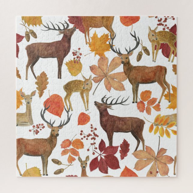 Puzzle Cerfs, feuilles d'automne : motif d'aquarelle. (Vertical)