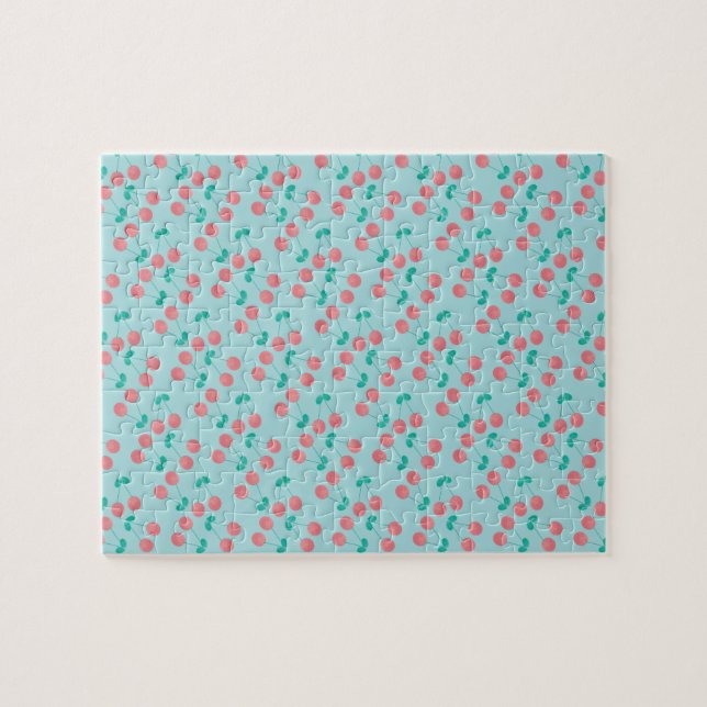 Puzzle Cerises Aquarelle Peinte à la Main Rose Turquoise (Horizontal)