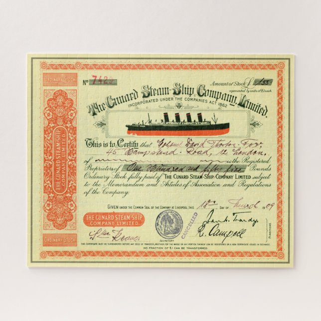 Puzzle Certificat de Stock de Cunard Steam-Ship Company 1 (Horizontal)