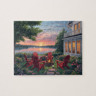 Puzzle Chaises de crépuscule au brasier au bord du lac