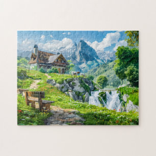 Puzzle Chalet Alpin au bord d'une Cascade de Montagne
