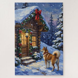 Puzzle Chalet de Noël avec chien Akita pour les fêtes