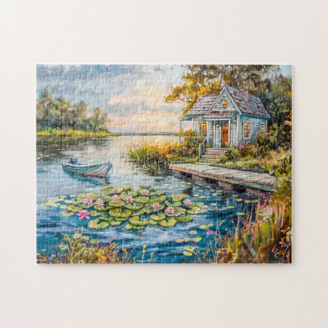 Puzzle Chalet de pêche au bord du lac avec nénuphars (Horizontal)