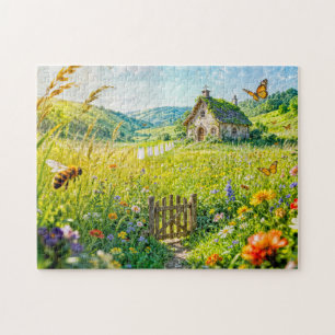 Puzzle Chalet de prairie montagnarde avec fleurs, porte e