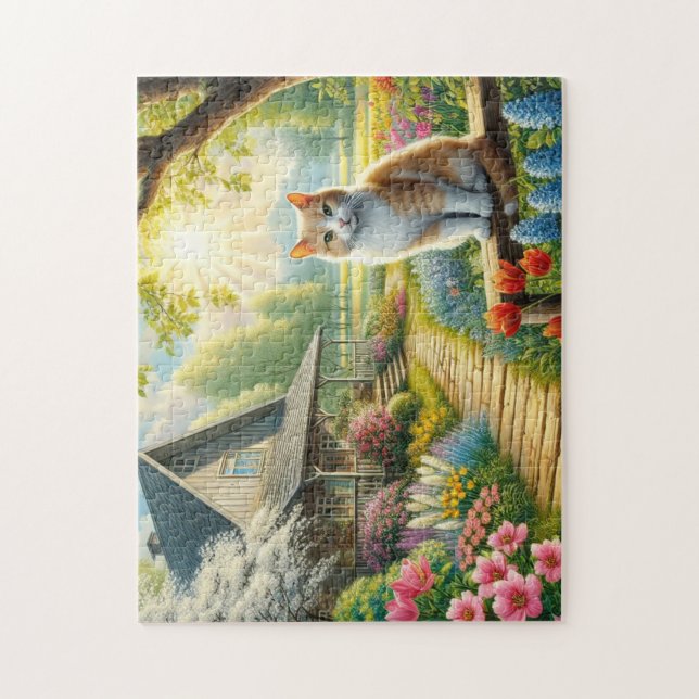 Puzzle Chalet de printemps/jardin & chat (Vertical)