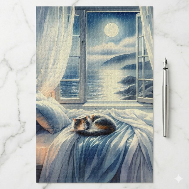 Puzzle Chambre Côtière au Clair de Lune avec Chat Endormi (Moonlit Coastal Bedroom with Sleeping Cat Jigsaw Puzzle)