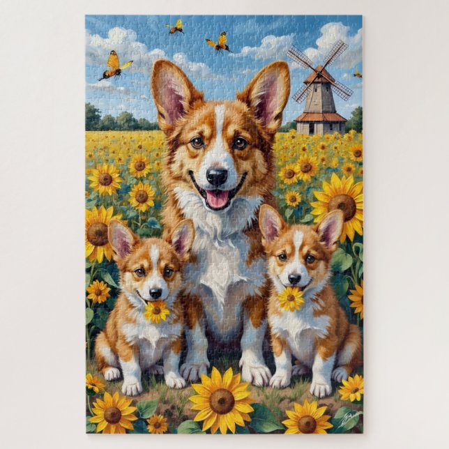 Puzzle Champ d'art de tournesol Corgi (Vertical)