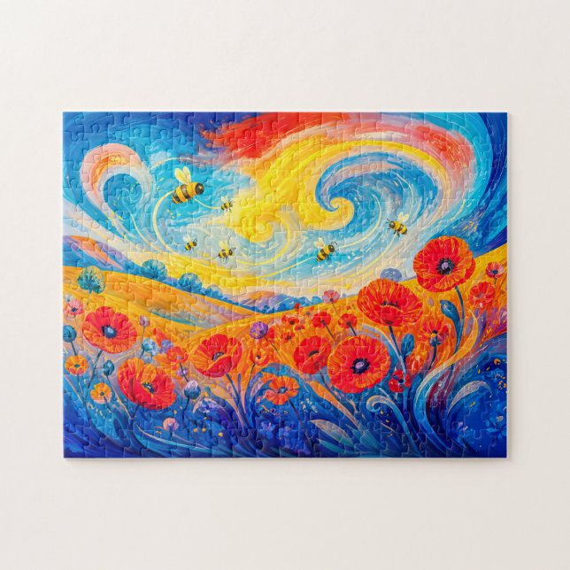 Puzzle Champ de coquelicots rouges et bleus abstraits ave (Horizontal)