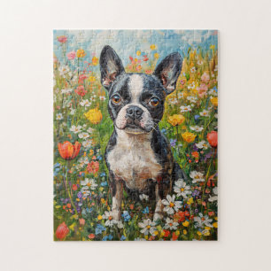 Puzzle Champ de Fleur sauvage coloré Boston Terrier