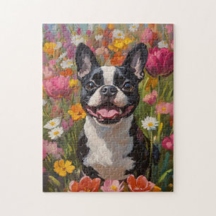 Puzzle Champ de Fleur sauvage coloré Boston Terrier