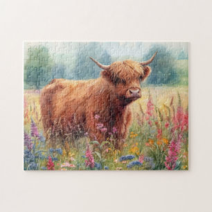 Puzzle Champ de Fleur sauvage d'aquarelle de vache Highla