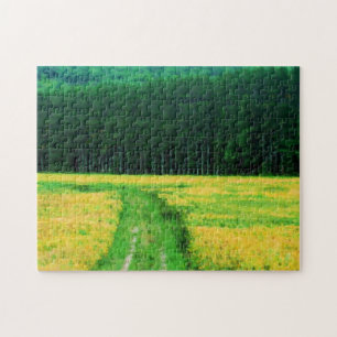 Puzzle Champ De Fleurs Jaunes Pins Arbres Nature Peinture