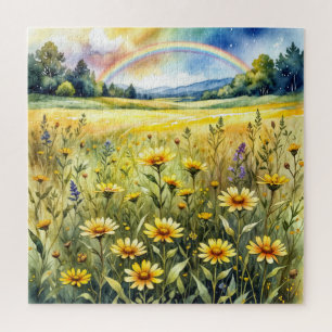Puzzle Champ de fleurs sauvages avec arc-en-ciel en aquar