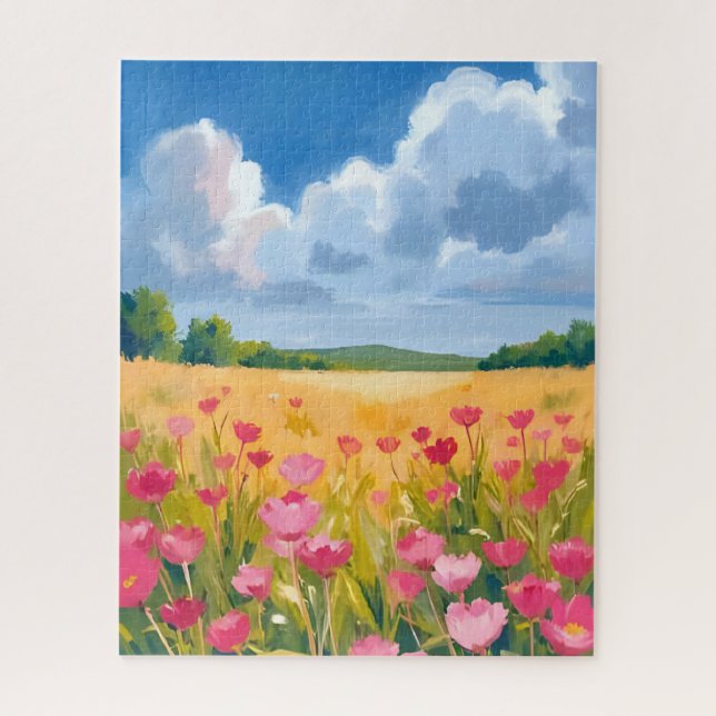 Puzzle Champ de fleurs sauvages roses, peinture à l'aquar (Vertical)