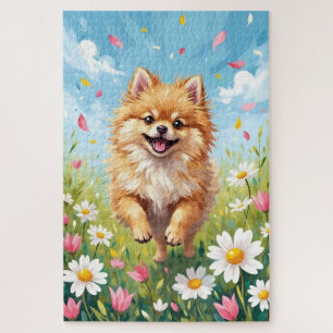 Puzzle Champ de pâquerettes printanier mignon Pomeranian