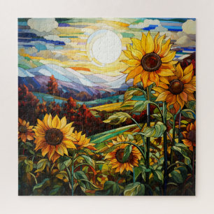 Puzzle Champ de tournesols vitrail coucher de soleil mont