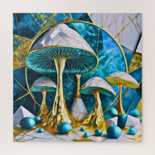 Puzzle Champignons en marbre sarcelle bleu or blanc surré