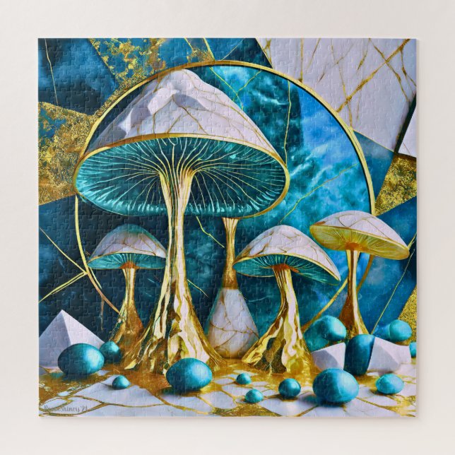 Puzzle Champignons en marbre sarcelle bleu or blanc surré (Vertical)