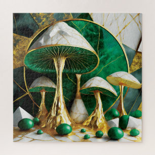 Puzzle Champignons en vert et or géométrique surréaliste