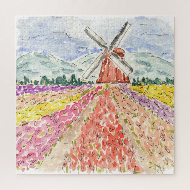 Puzzle Champs de tulipe hollandais Pays-Bas Watercolor (Vertical)