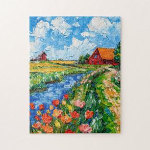 Puzzle Champs de tulipes avec grange et ruisseau, peintur