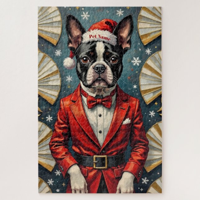 Puzzle Chapeau de Noël Tuxedo Art Déco de Boston Terrier (Vertical)