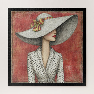 Puzzle Chapeau de soleil large vintage Dame sur fond roug