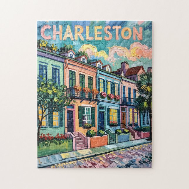 Puzzle Charleston Rainbow Row Colorful Van Gogh Travel (Vertical)
