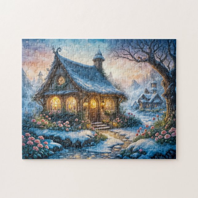 Puzzle Charmant chalet d'hiver avec lumières de fête (Horizontal)