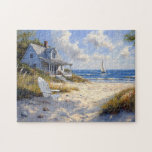 Puzzle Charmant chalet en bord de mer Vue sur l'océan Pit<br><div class="desc">Un cadre paisible avec un cottage confortable au bord de la mer,  une plage de sable,  des coquillages et une vue pittoresque sur l'océan avec un voilier au loin sous un ciel ensoleillé.</div>
