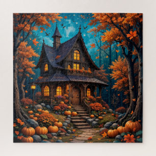 Puzzle Charmant Cottage avec Citrouilles dans une Forêt d