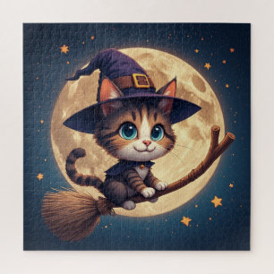 Puzzle Charmante chatte sorcière sous les étoiles et la p
