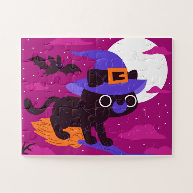 Puzzle Charmante chatte sorcière volant sur un balai Hall (Horizontal)