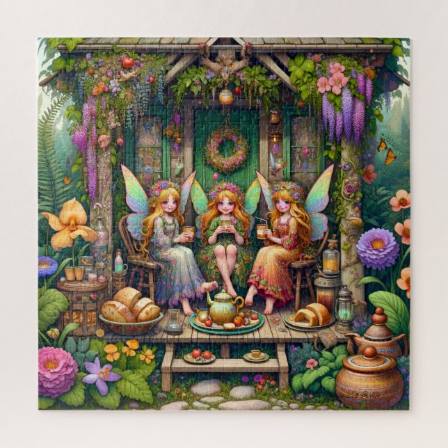 Puzzle Charming Fairy Cottage Whimsical Garden Tea Party (Vertical)