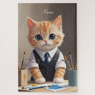 Puzzle Charming Ginger Cat Artiste avec pinceaux mignonne