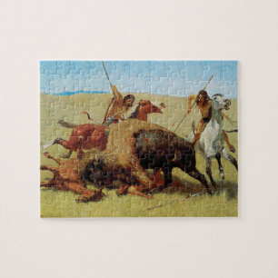 Puzzle Chasse au bison par Remington, Amérindien Vintage