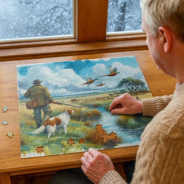 Puzzle Chasseurs d'aquarelle de faisan à cou circulaire (Winter hunting puzzle great indoor gift for cold days, nature lovers, and cozy cabin afternoons.)