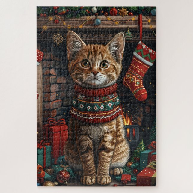 Puzzle Chat Abyssin avec cadeaux de Noël cheminée (Vertical)