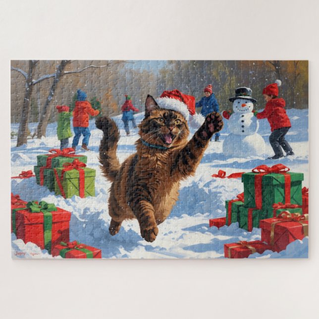Puzzle Chat abyssin Scène de neige festive de Noël (Horizontal)