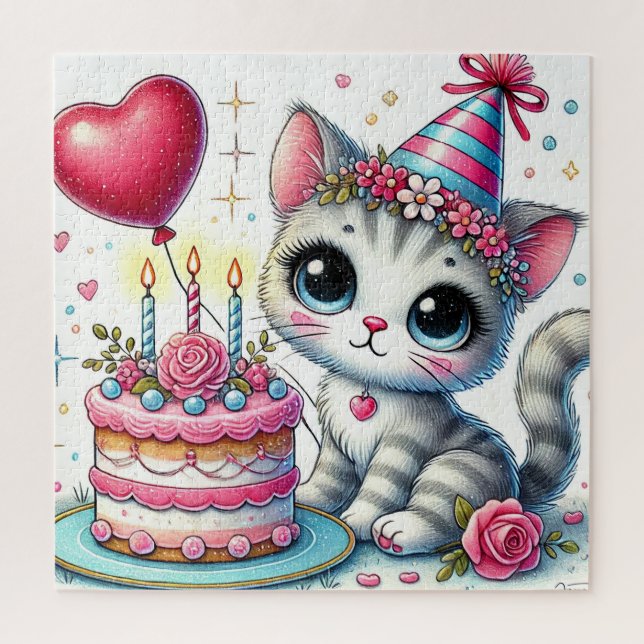 Puzzle Chat adorable célébrant son anniversaire avec un g (Vertical)