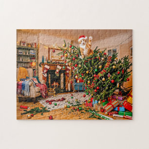Puzzle Chat agitant la main depuis l'arbre de Noël